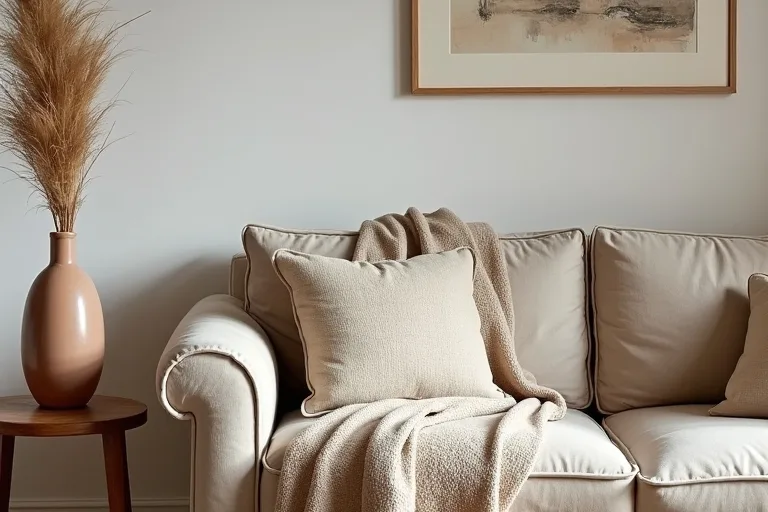 Boho interior with a calm neutral palette and layered textile textures