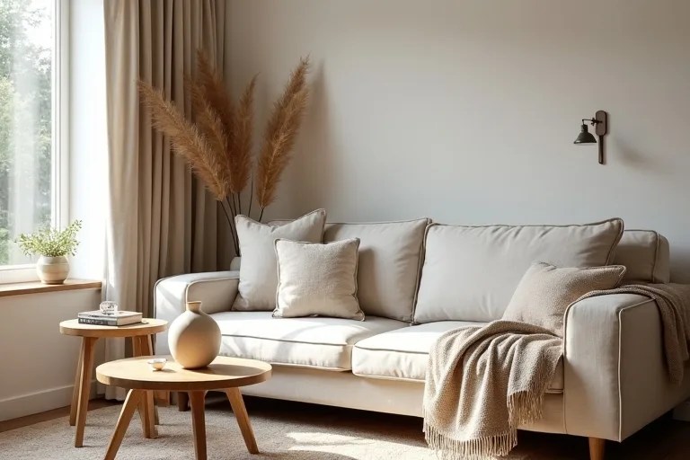 A calm boho living room with a neutral throw blanket and ceramic vase set on a side table