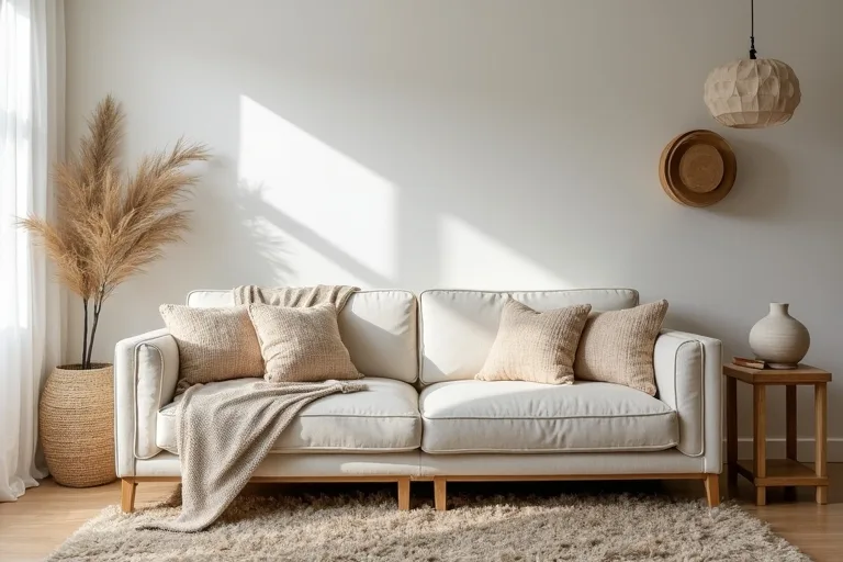 Boho living room layout with open circulation and layered natural textures