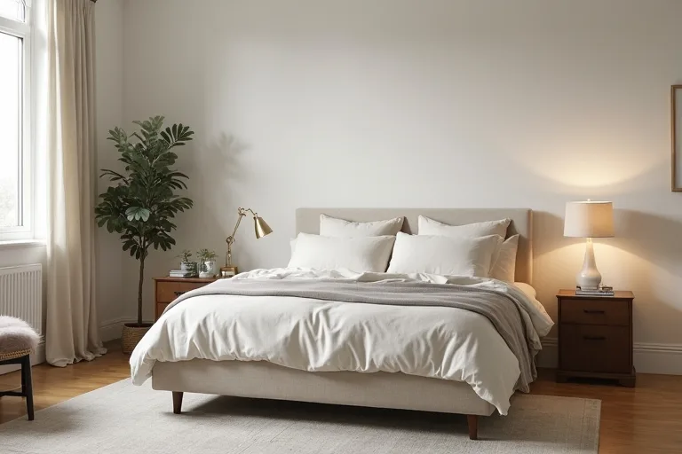 A guest bedroom layout with a bed, side table, and clear walking space