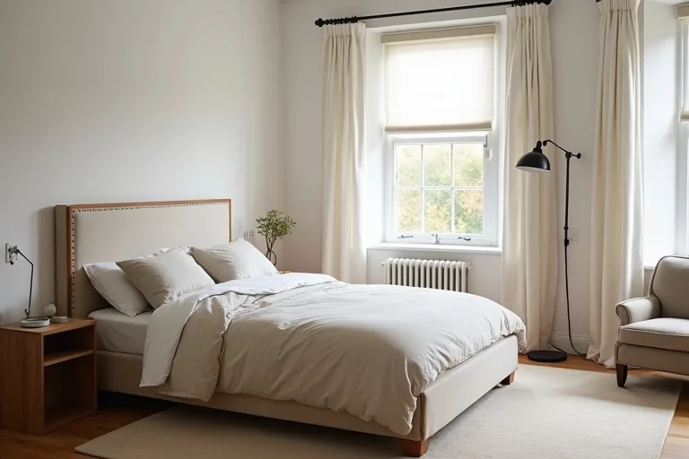 A guest room styled with useful decor, soft bedding, and a calm neutral palette