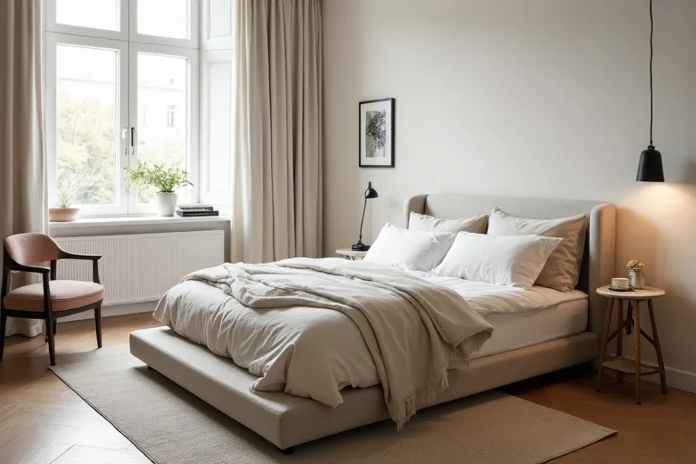 A calm guest bedroom with a queen upholstered bed, neutral bedding, bedside table, and simple practical styling