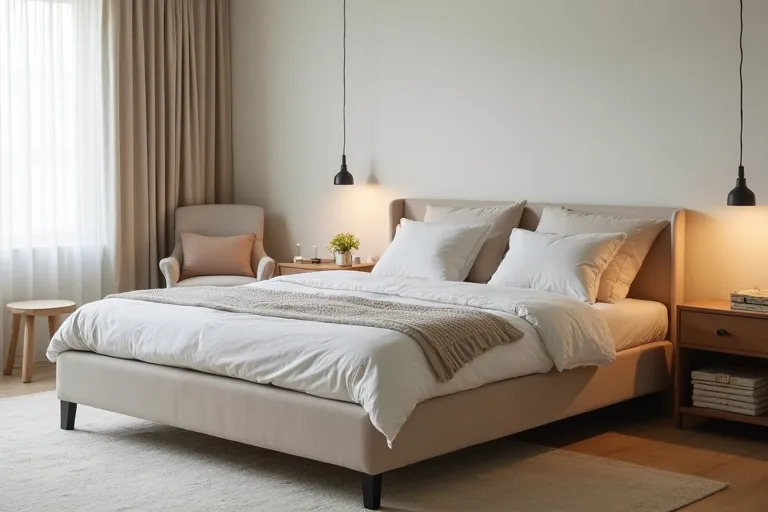 Neutral guest bedroom furniture with a bed, bedside table, and simple seating area