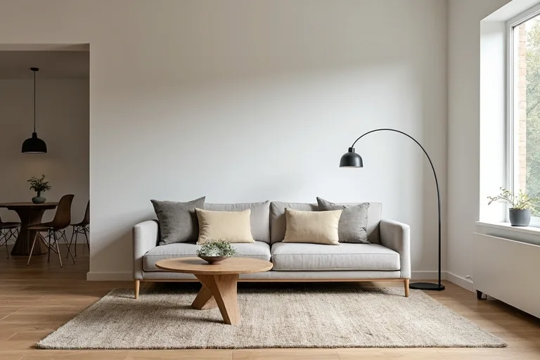 A calm open concept living room with a sofa, neutral rug, coffee table, and arc floor lamp in a realistic home setting.