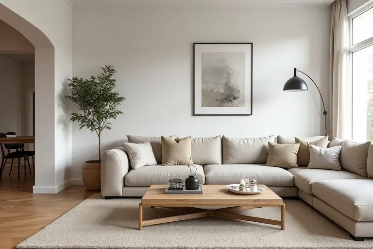 An open concept living room seating zone planned with clear walking paths and balanced furniture placement.