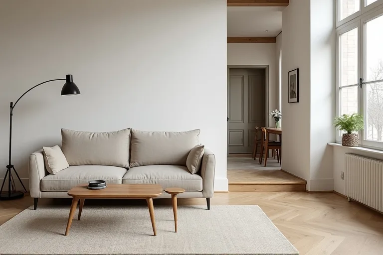 A neutral open concept living room anchored by a correctly sized rug and a simple coffee table.