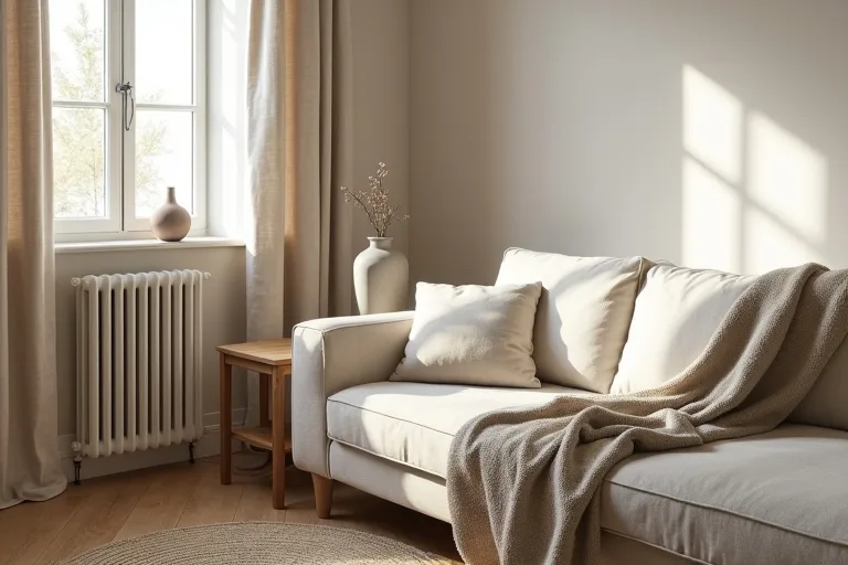Rustic living room details with natural wood, linen curtains, and a neutral sofa.