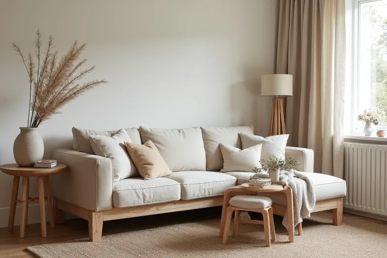 A calm rustic living room with natural wood furniture, neutral textiles, a ceramic vase set, and a throw blanket.