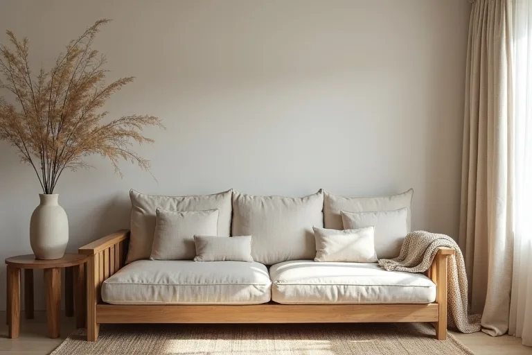 Natural rustic materials and neutral tones used in a calm home interior.