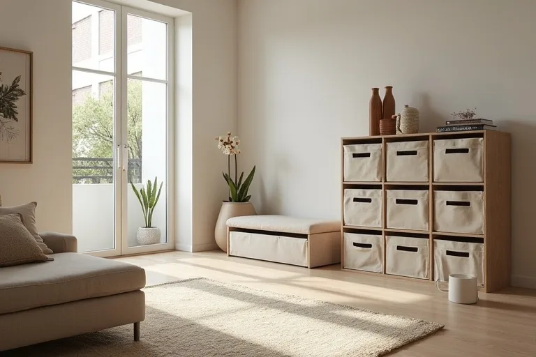 A compact entryway bench with hidden storage beside a calm small apartment layout.