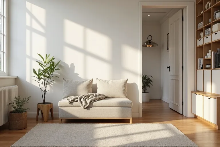 A small living room with hidden storage furniture including a storage ottoman and cube organizer with fabric bins.