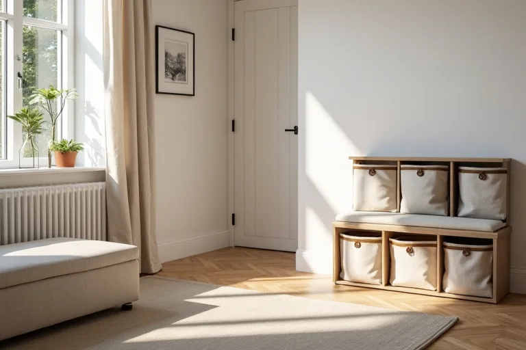 A calm small bedroom setup showing hidden storage furniture used to keep the room clear.