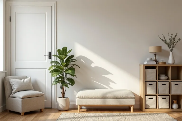 A tidy small apartment living room with a cube storage organizer and simple hidden storage furniture.