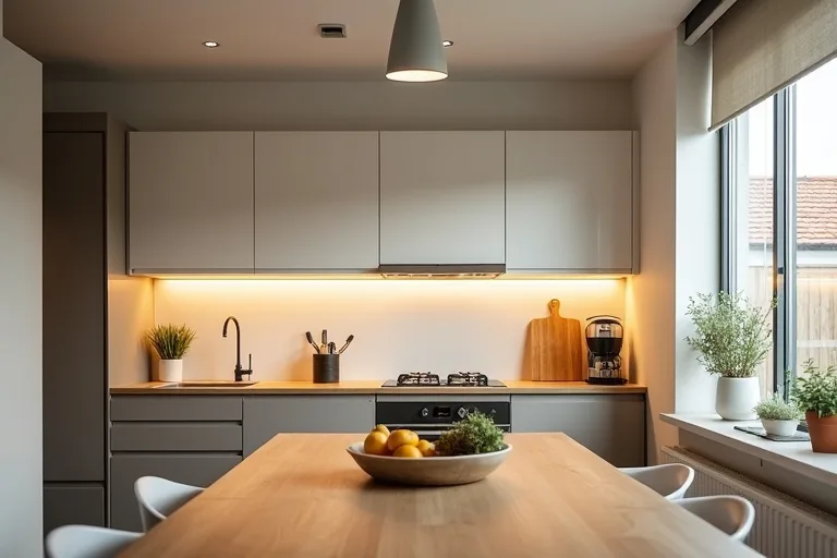 A realistic kitchen with simple ceiling lighting and under-cabinet task lighting in a calm, lived-in home setting.