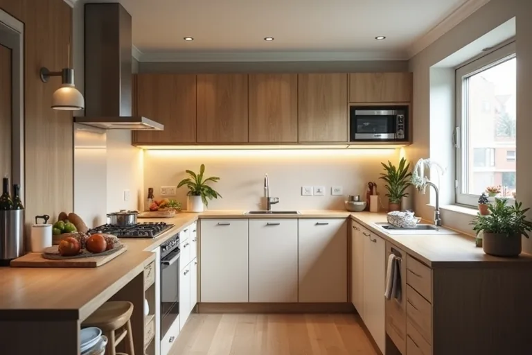 A kitchen with a more balanced lighting arrangement and visible work zones for everyday use.