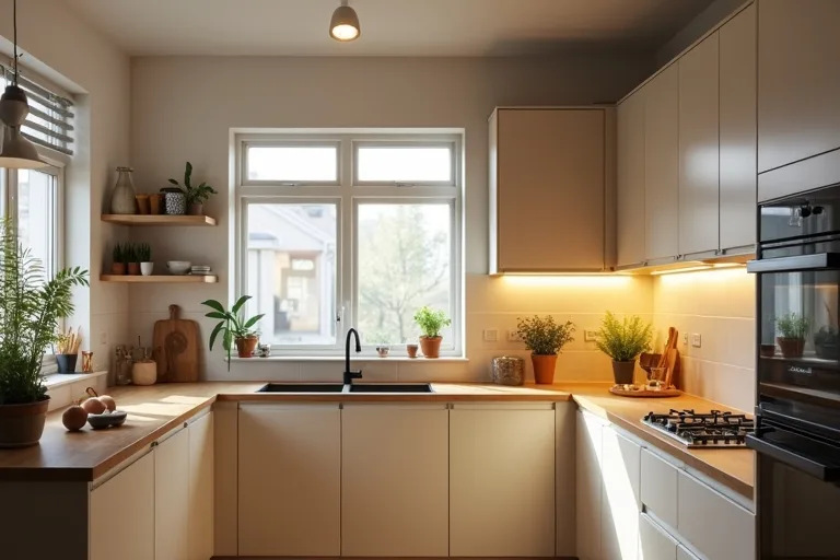 A modest kitchen showing focused task lighting over the work surface and simple everyday finishes.