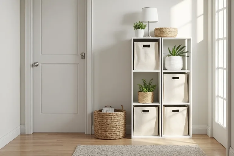 Vertical storage with mixed open and closed organization in a small home