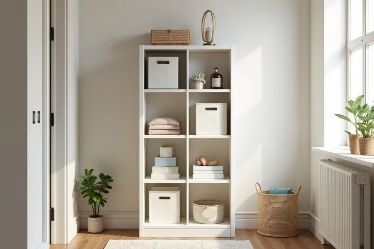 A calm living room corner using vertical storage to keep the floor clear
