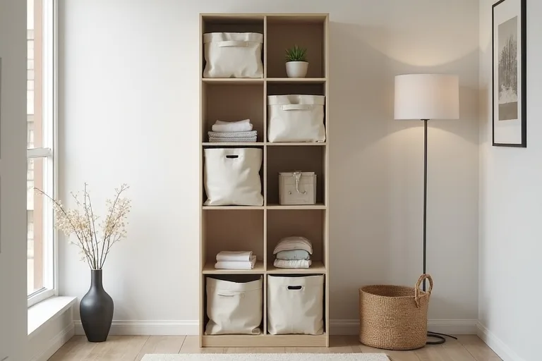 A small room corner with an 8-cube storage organizer and fabric bins used for vertical storage