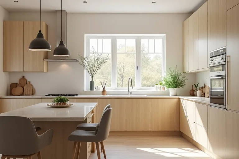 A kitchen with freshly painted neutral walls, light wood cabinets, and simple counters in natural daylight.