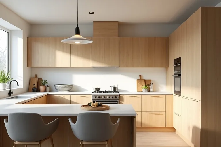 A calm, lived-in kitchen with soft neutral painted walls, light wood cabinets, and a small dining area in the background.