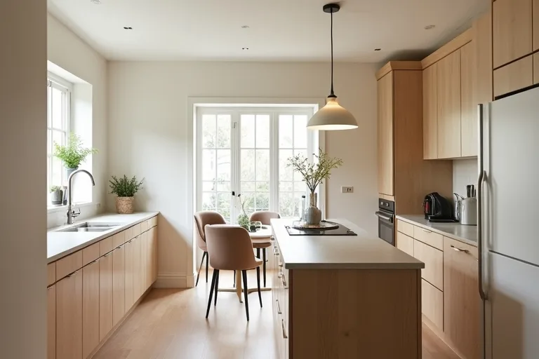 A calm kitchen with a subtle painted wall color and a small dining area that feels connected to the main room.