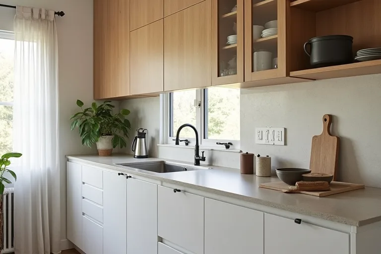 A modest renovated kitchen showing a practical countertop and simple finishing details