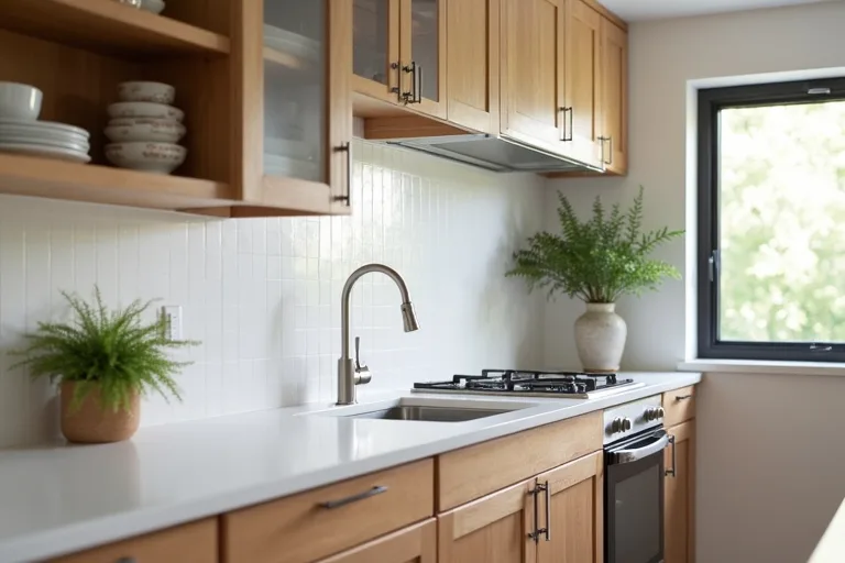 A realistic kitchen with a budget-friendly countertop, brushed nickel pull-down faucet, and simple backsplash in natural daylight