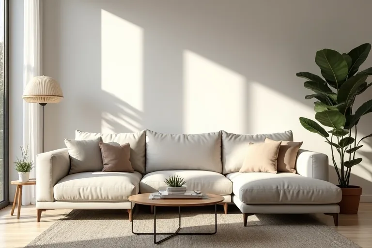A practical room layout with a sectional sofa, rug, and open walking space.