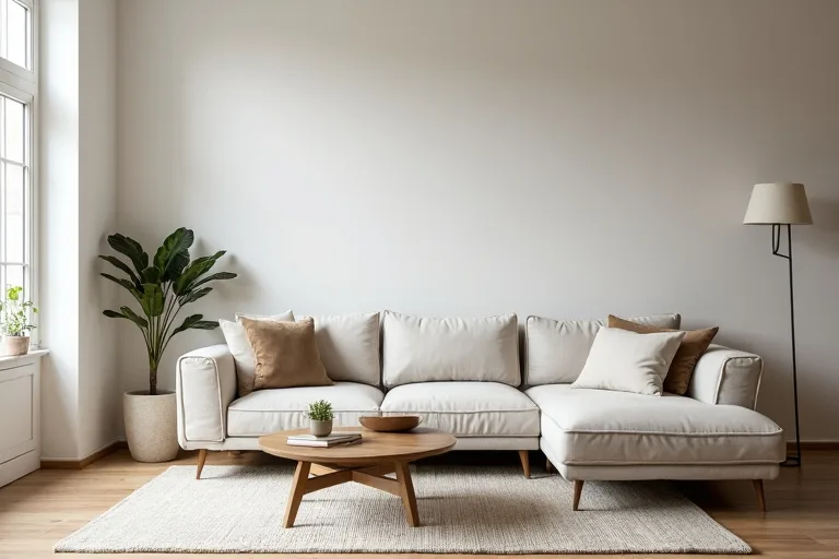 A sectional sofa placed in a calm living room with clear space around it.