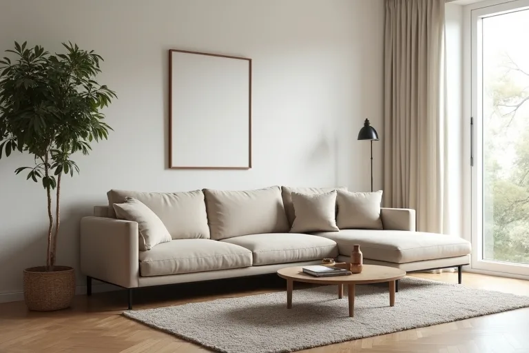 A realistic living room with a sectional sofa, rug, and coffee table in a calm practical layout.