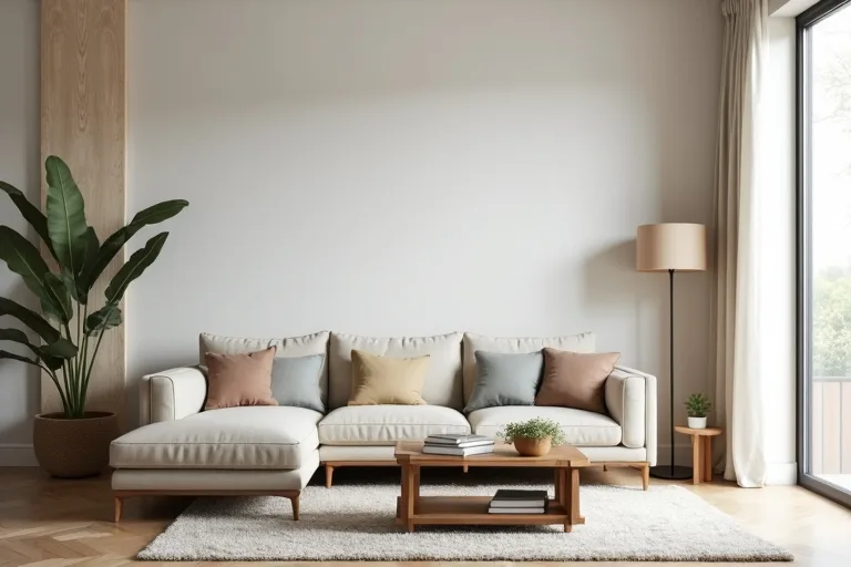 A sectional sofa styled with a rug, coffee table, and balanced everyday lighting.