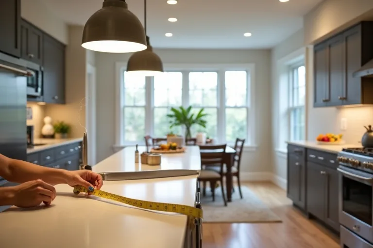 A calm kitchen with layered light and a simple dining nook, showing how controls and fixture style support the room.