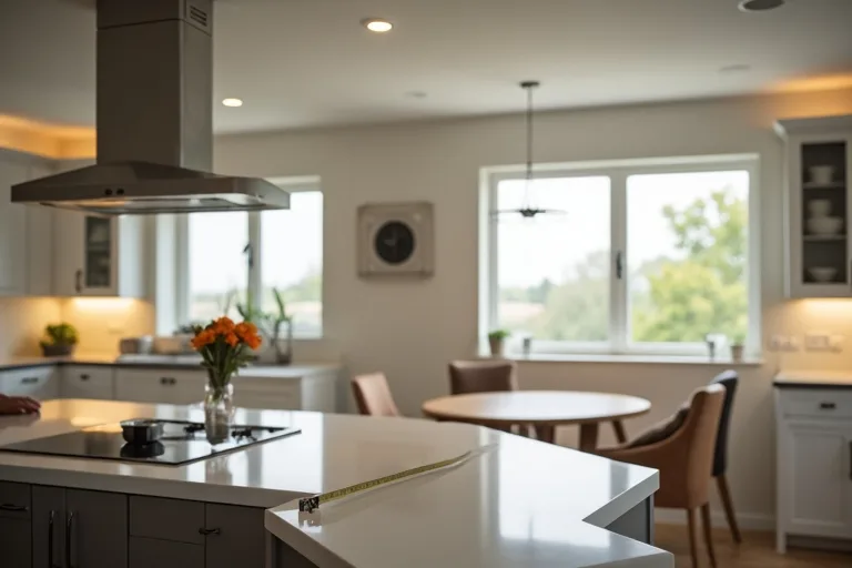 A practical kitchen interior with ceiling and under-cabinet lighting, a dining nook, and a measuring tape used to plan lighting placement.