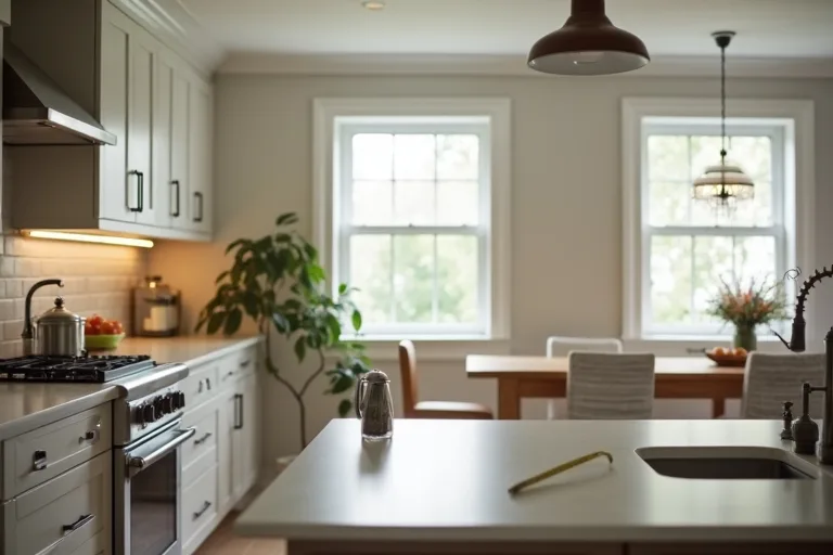 Kitchen layout planning with clear work zones and overhead light placement near the main prep area.