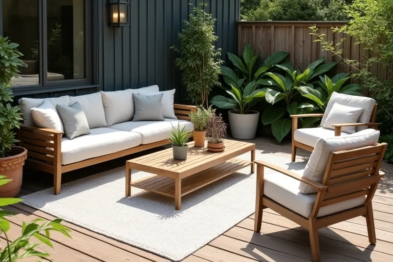A patio seating area anchored by a neutral outdoor rug with a sofa, chairs, and coffee table