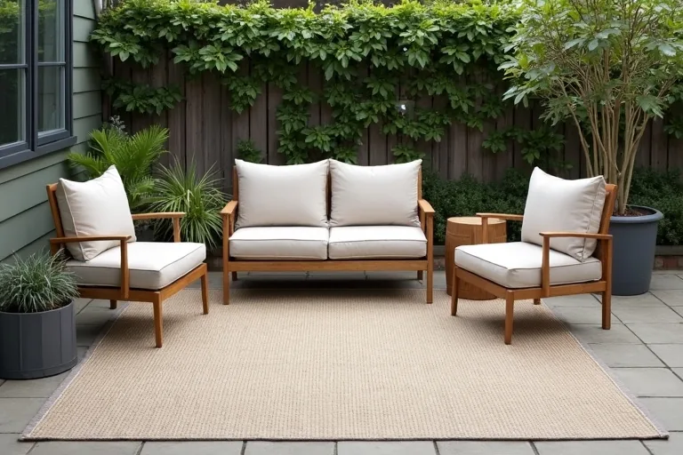 Outdoor seating area with a rug creating a clear boundary under a sofa and chairs