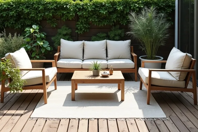 Outdoor seating area visually anchored by a simple rug on a bright patio