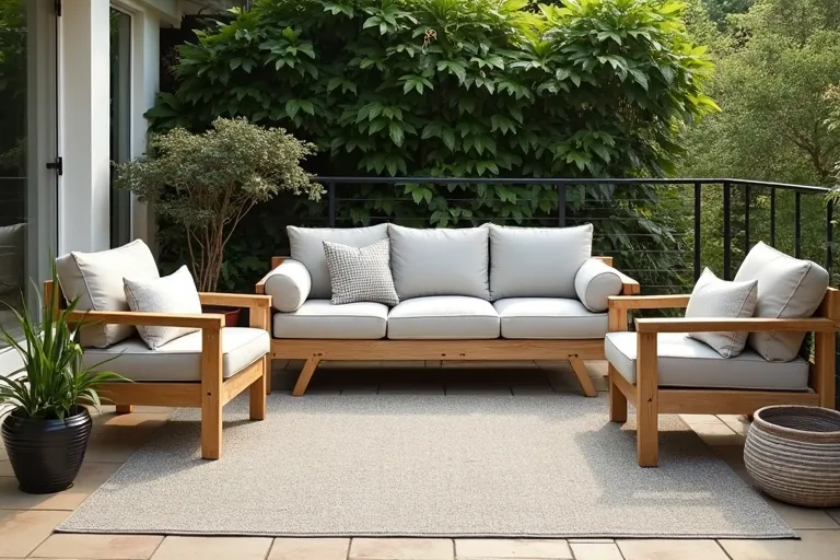 A patio seating area anchored by a weather-resistant outdoor rug with neutral furniture and simple plants