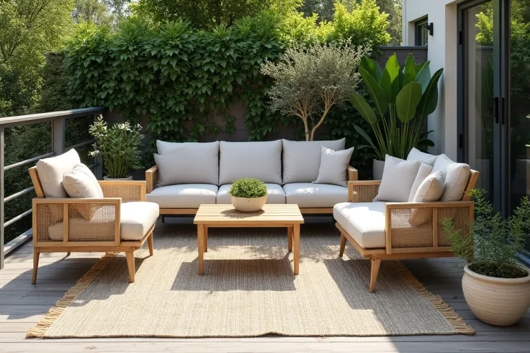 Finished patio seating area with an outdoor rug, simple furniture, and soft outdoor lighting