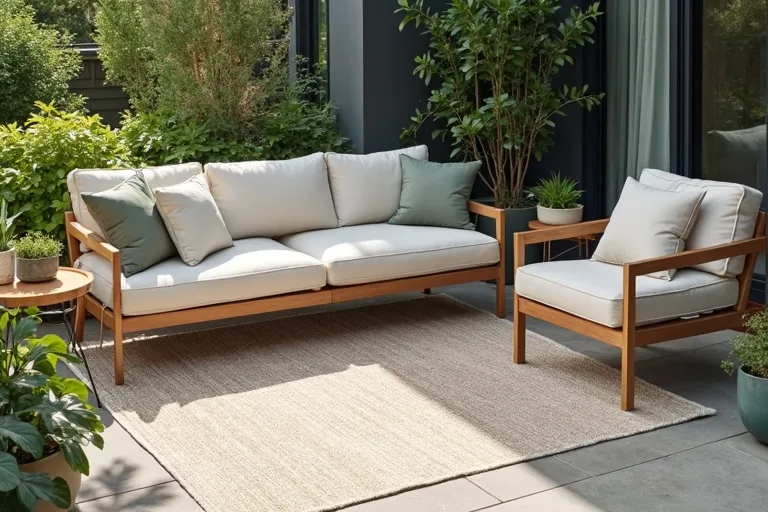 Patio rug size being considered under a small outdoor sofa and chairs