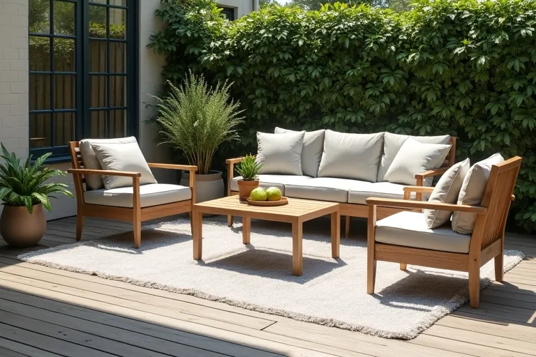 Compact outdoor seating layout where the rug helps define the balcony or deck zone