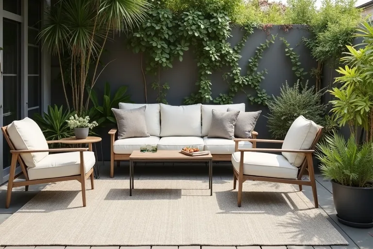Calm outdoor seating area showing a rug paired with neutral cushions and simple styling