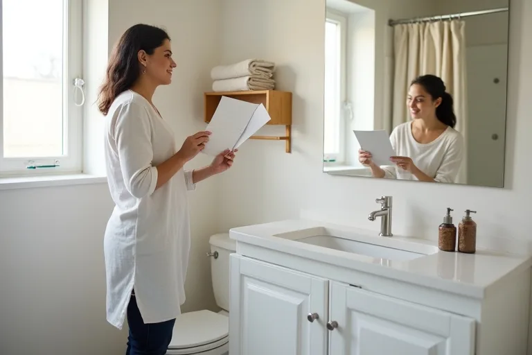 A calm small bathroom with paint swatches held near the wall, showing a practical paint color decision in progress.