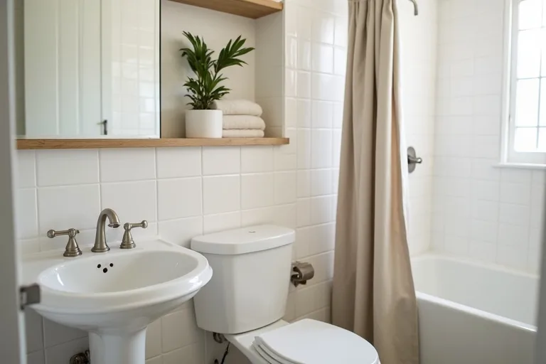 Bathroom walls and fixtures in soft daylight, showing how light affects paint color choices.