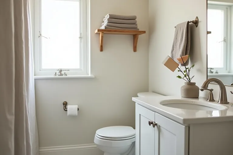 A small bathroom with simple storage and neutral fabric details that support a calm paint palette.
